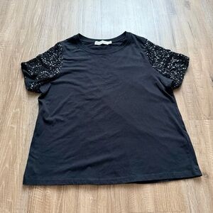 Rebecca Minkoff Short Sleeve Top with Sequin Sleeves Womens 1x Black